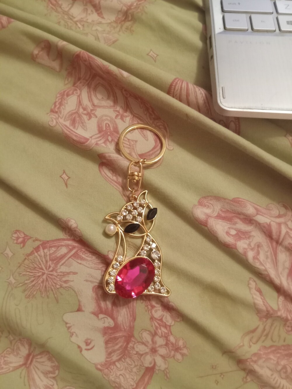 Gold & Pink Rhinestone Bling Cat Keychain